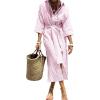 imagechouyatou Womens Summer 34 Sleeve Striped Shirt Dress Belted Maxi Long Casual Button Down Beach DressPink