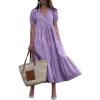 imagechouyatou Womens Summer Casual Puff Sleeve Midi Long Cotton Dress Swing Empire Waist Tiered ALine DressPurple