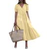 imagechouyatou Womens Summer Casual Puff Sleeve Midi Long Cotton Dress Swing Empire Waist Tiered ALine DressYellow