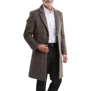 imagechouyatou Mens Casual Notched Lapel Plaid Wool Coat Single Breasted Mid Long Wool Pea Coat with PocketsBrown