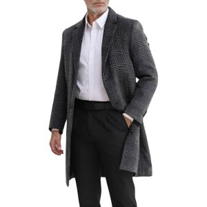 imagechouyatou Mens Casual Notched Lapel Plaid Wool Coat Single Breasted Mid Long Wool Pea Coat with PocketsGray