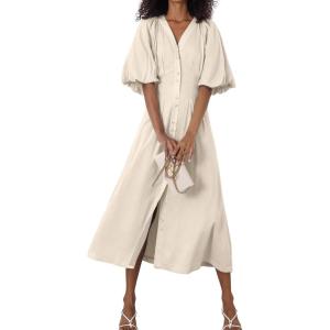 imagechouyatou Women Summer Puff Sleeve Button Down Shirt Dress Flowy Elegant Business Casual Midi Long DressBeige
