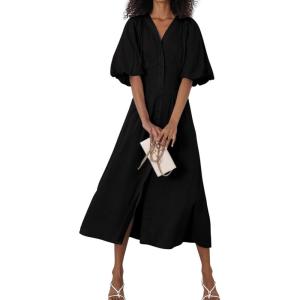 imagechouyatou Women Summer Puff Sleeve Button Down Shirt Dress Flowy Elegant Business Casual Midi Long DressBlack
