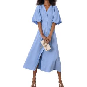 imagechouyatou Women Summer Puff Sleeve Button Down Shirt Dress Flowy Elegant Business Casual Midi Long DressBlue