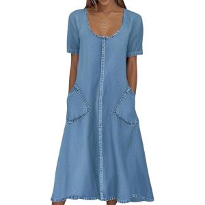 imagechouyatou Women Summer Short Sleeve ALine Midi Denim Dress Modest Casual U Neck Long Jean T Shirt DressBlue