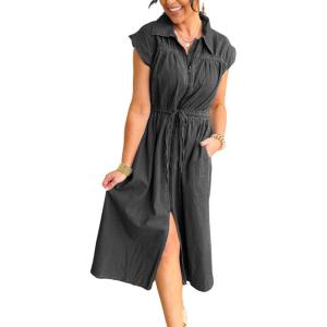 imagechouyatou Women Summer Short Sleeve Denim Shirt Dress Zip Business Casual Midi Long Jean Dress with SplitBlack