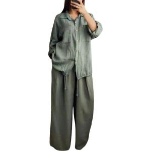 imagechouyatou Womens 2 Piece Outfits Long Sleeve Button Down Shirt Wide leg Palazzo Pants Matching SetArmy Green