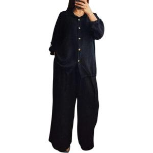 imagechouyatou Womens 2 Piece Outfits Long Sleeve Button Down Shirt Wide leg Palazzo Pants Matching SetBlack