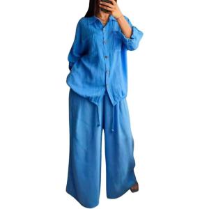 imagechouyatou Womens 2 Piece Outfits Long Sleeve Button Down Shirt Wide leg Palazzo Pants Matching SetBlue