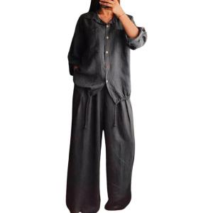 imagechouyatou Womens 2 Piece Outfits Long Sleeve Button Down Shirt Wide leg Palazzo Pants Matching SetGray