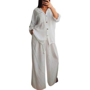 imagechouyatou Womens 2 Piece Outfits Long Sleeve Button Down Shirt Wide leg Palazzo Pants Matching SetWhite