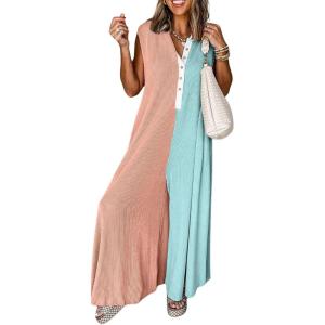 imagechouyatou Womens 2025 Color Block Sleeveless Baggy Overalls Button Up Wide Leg Romper Jumpsuit PantsBlue