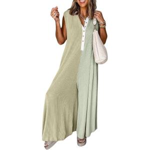 imagechouyatou Womens 2025 Color Block Sleeveless Baggy Overalls Button Up Wide Leg Romper Jumpsuit PantsGreen