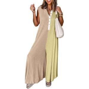 imagechouyatou Womens 2025 Color Block Sleeveless Baggy Overalls Button Up Wide Leg Romper Jumpsuit PantsKhaki