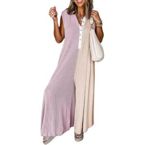 imagechouyatou Womens 2025 Color Block Sleeveless Baggy Overalls Button Up Wide Leg Romper Jumpsuit PantsPurple