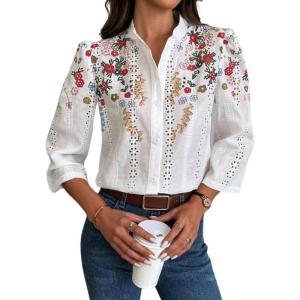 imagechouyatou Womens 2025 Eyelet Lace Embroidery Button Down Shirts 34 Puff Sleeve Boho Crochet Blouse TopsBrown