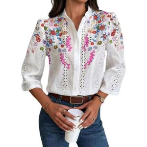 imagechouyatou Womens 2025 Eyelet Lace Embroidery Button Down Shirts 34 Puff Sleeve Boho Crochet Blouse TopsRose Red