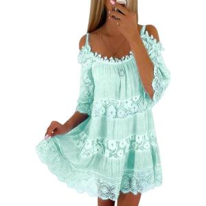 imagechouyatou Womens 2025 Eyelet Lace Embroidery Ruffle Dress Sexy Spaghetti Strap Cold Shoulder Party Sun Mini DressGreen