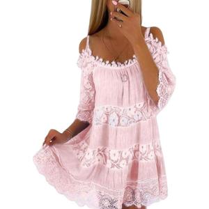 imagechouyatou Womens 2025 Eyelet Lace Embroidery Ruffle Dress Sexy Spaghetti Strap Cold Shoulder Party Sun Mini DressPink