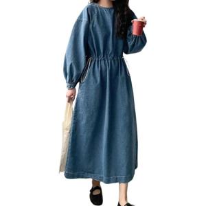 imagechouyatou Womens Casual Spring Fall Denim Dress Adjustable Drawstring Waist Midi Long Jean Shirt DressBlue