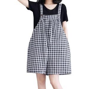 imagechouyatou Womens Retro Plaid Wide Leg Romper Shorts Loose Fit Baggy Sleeveless Jumpsuit Overalls with PocketsBlack