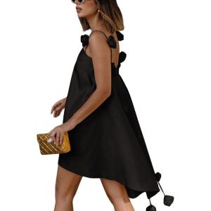 imagechouyatou Womens Satin High Low Hem Prom Dresses Sexy 3D Flower Spaghetti Strap Beach Party Mini DressBlack