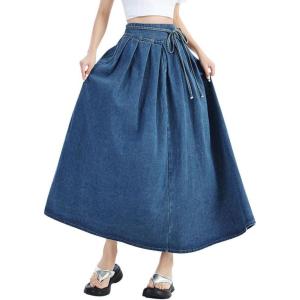 imagechouyatou Womens Sexy Tie Waist Maxi Denim Skirt High Elastic Waist Pleated ALine Swing Long Jean SkirtDark Blue