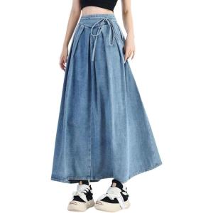 imagechouyatou Womens Sexy Tie Waist Maxi Denim Skirt High Elastic Waist Pleated ALine Swing Long Jean SkirtLight Blue