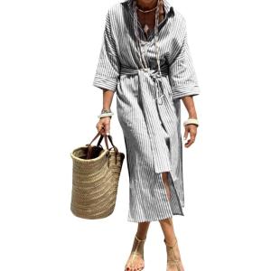imagechouyatou Womens Summer 34 Sleeve Striped Shirt Dress Belted Maxi Long Casual Button Down Beach DressBlack