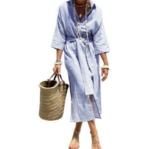 imagechouyatou Womens Summer 34 Sleeve Striped Shirt Dress Belted Maxi Long Casual Button Down Beach DressBlue
