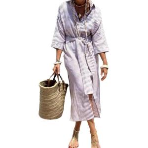 imagechouyatou Womens Summer 34 Sleeve Striped Shirt Dress Belted Maxi Long Casual Button Down Beach DressCoffee