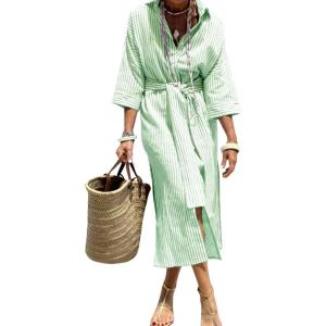 imagechouyatou Womens Summer 34 Sleeve Striped Shirt Dress Belted Maxi Long Casual Button Down Beach DressGreen