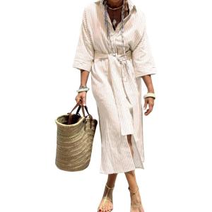 imagechouyatou Womens Summer 34 Sleeve Striped Shirt Dress Belted Maxi Long Casual Button Down Beach DressKhaki