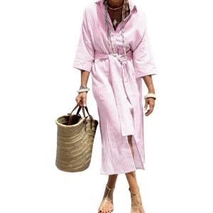 imagechouyatou Womens Summer 34 Sleeve Striped Shirt Dress Belted Maxi Long Casual Button Down Beach DressPink