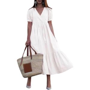 imagechouyatou Womens Summer Casual Puff Sleeve Midi Long Cotton Dress Swing Empire Waist Tiered ALine DressOffwhite