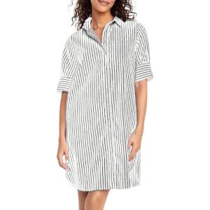 imagechouyatou Womens Summer Casual Stripe Shirt Dress Button Down Loose Fit Holiday Mini Shift DressWhite