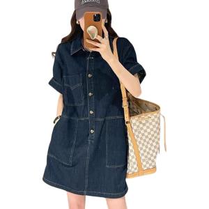 imagechouyatou Womens Summer Denim Dress Loose VNeck Jean Shirt Dress Cute Denim Tunic Dress with PocketsDark Blue
