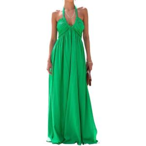 imagechouyatou Womens Summer Sexy Halter Neck Maxi Smocked Dress Empire Waist Swing Flowy Beach SundressGreen