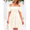 imagechouyatou Womens 2025 Eyelet Lace Embroidery Smocked Dress Square Neck Puff Sleeve Off Shoulder Tiered Mini DressBeige White