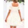 imagechouyatou Womens 2025 Eyelet Lace Embroidery Smocked Dress Square Neck Puff Sleeve Off Shoulder Tiered Mini DressBeige White