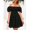 imagechouyatou Womens 2025 Eyelet Lace Embroidery Smocked Dress Square Neck Puff Sleeve Off Shoulder Tiered Mini DressBlack