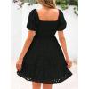 imagechouyatou Womens 2025 Eyelet Lace Embroidery Smocked Dress Square Neck Puff Sleeve Off Shoulder Tiered Mini DressBlack