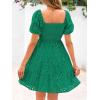 imagechouyatou Womens 2025 Eyelet Lace Embroidery Smocked Dress Square Neck Puff Sleeve Off Shoulder Tiered Mini DressGreen