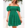 imagechouyatou Womens 2025 Eyelet Lace Embroidery Smocked Dress Square Neck Puff Sleeve Off Shoulder Tiered Mini DressGreen
