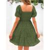 imagechouyatou Womens 2025 Eyelet Lace Embroidery Smocked Dress Square Neck Puff Sleeve Off Shoulder Tiered Mini DressOlive Green