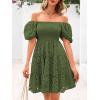imagechouyatou Womens 2025 Eyelet Lace Embroidery Smocked Dress Square Neck Puff Sleeve Off Shoulder Tiered Mini DressOlive Green