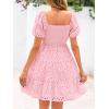imagechouyatou Womens 2025 Eyelet Lace Embroidery Smocked Dress Square Neck Puff Sleeve Off Shoulder Tiered Mini DressPink