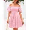 imagechouyatou Womens 2025 Eyelet Lace Embroidery Smocked Dress Square Neck Puff Sleeve Off Shoulder Tiered Mini DressPink