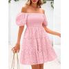 imagechouyatou Womens 2025 Eyelet Lace Embroidery Smocked Dress Square Neck Puff Sleeve Off Shoulder Tiered Mini DressPink