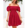 imagechouyatou Womens 2025 Eyelet Lace Embroidery Smocked Dress Square Neck Puff Sleeve Off Shoulder Tiered Mini DressRed